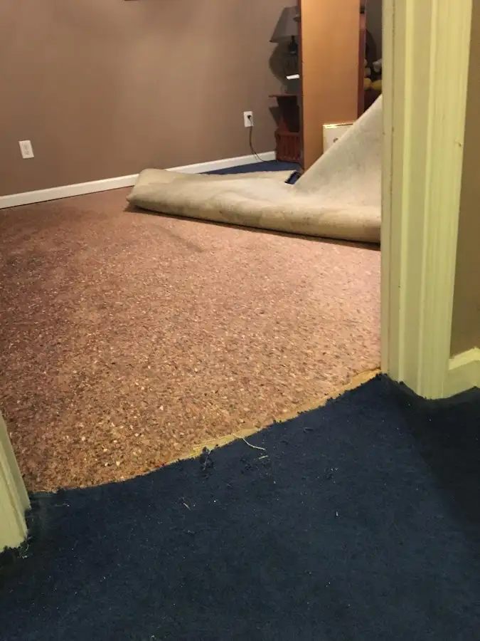Carpet pad removal revealing water damage during Drying & Dehumidification in East Hartford
